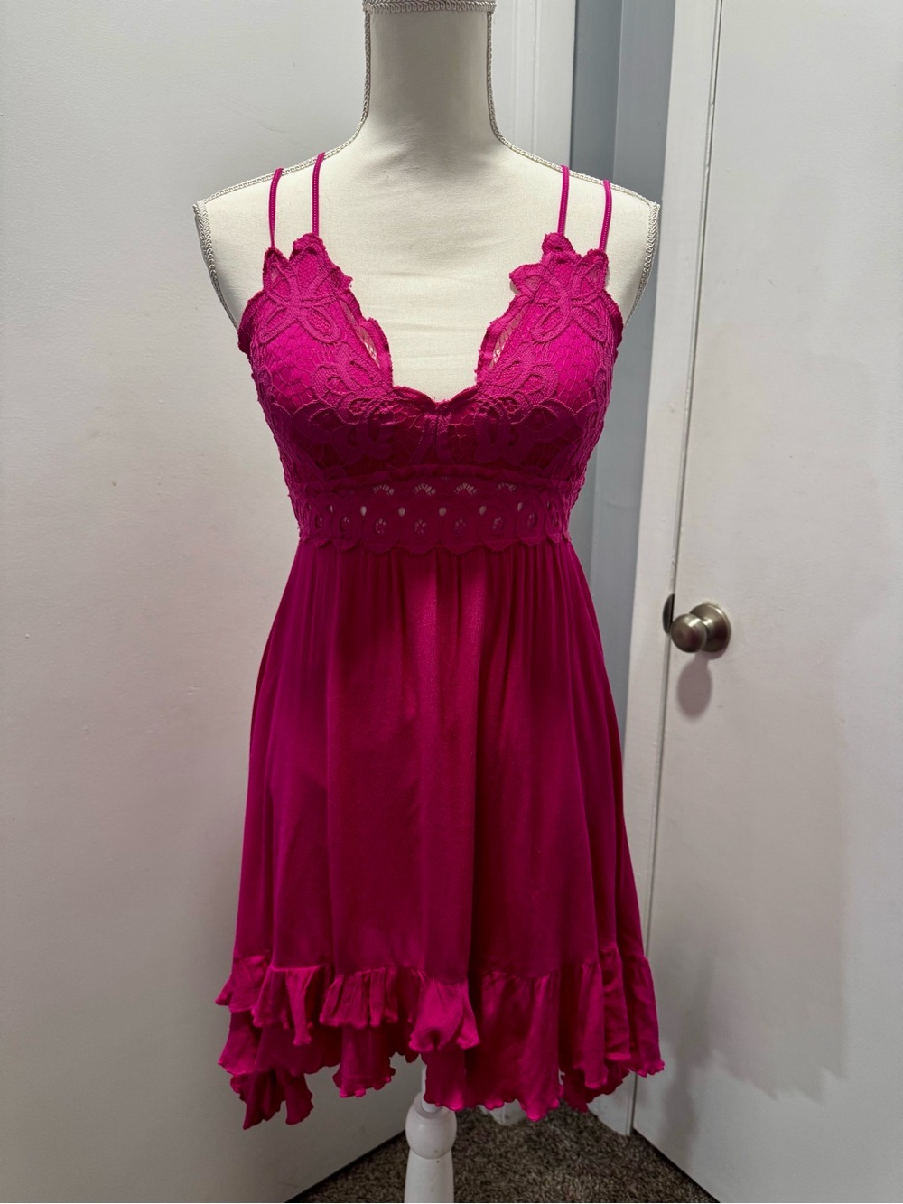 Fuchsia Lace Babydoll Dress with Double Straps